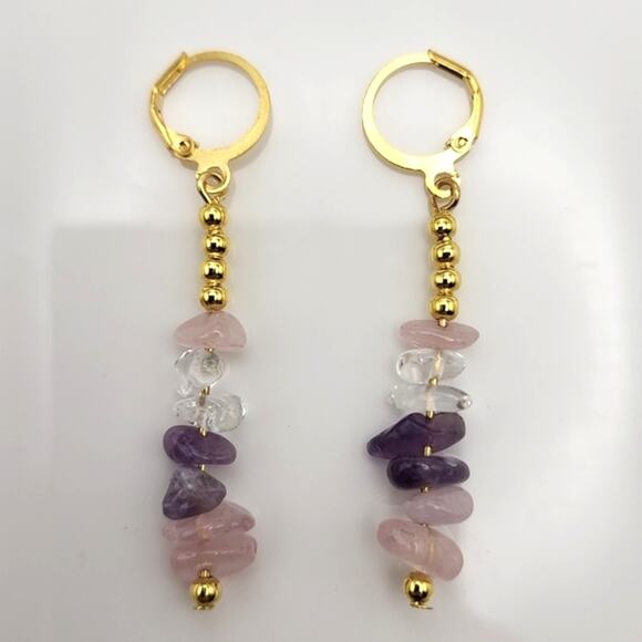 Boho Quartz Crystal Dangle Amethyst Rose Earrings - Picture 1 of 4